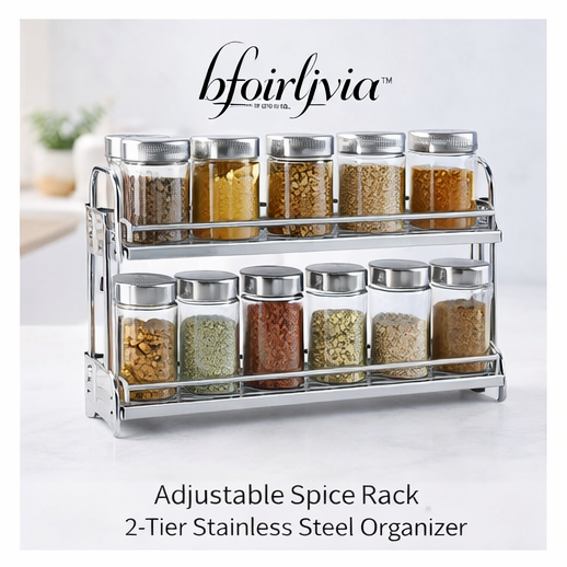 bfoirljvia™ Adjustable Spice Rack – 2-Tier Stainless Steel Organizer